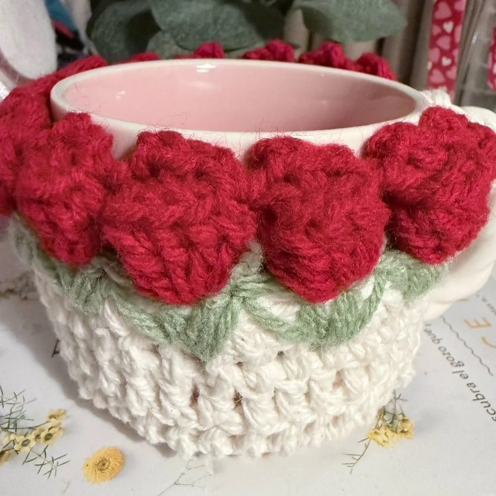 Handmade Crochet Floral Mug Cozy Red& Green Cottagecore Coffee Cup Sleeve